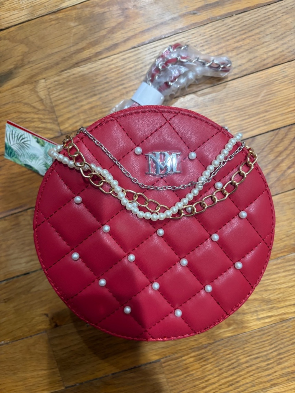 Badgley Mischka Red Quilted Pearl-Accent Round Crossbody